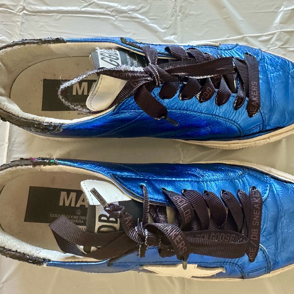 Golden Goose Shiny Blue Sneakers with Brown Laces